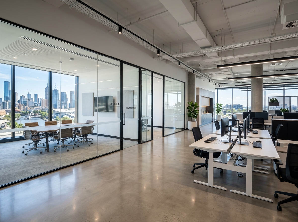 Clean orderly modern commercial office workspace floor
