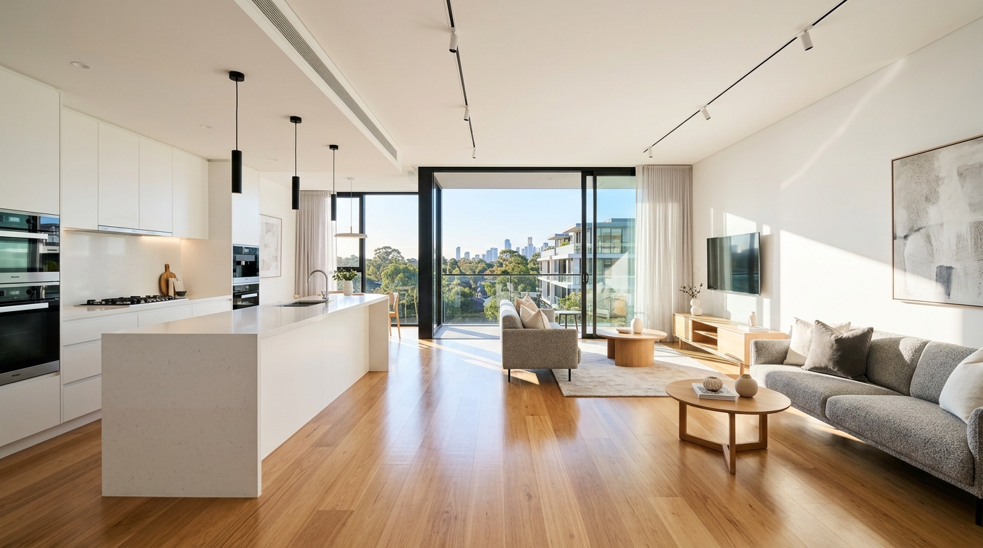 Spotless modern Melbourne living room cleaned by Will's House Cleaning