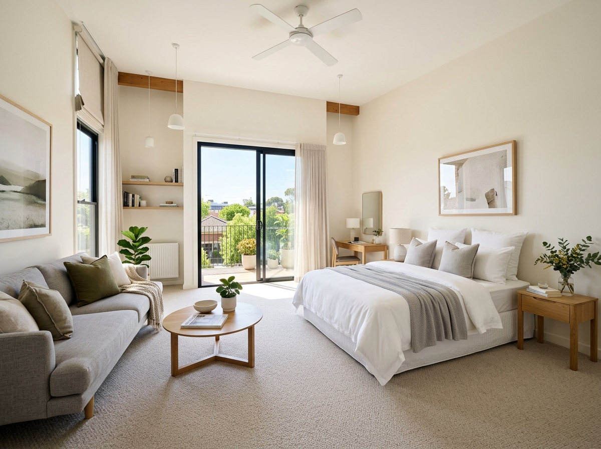 Bright tidy Melbourne home living area and master bedroom