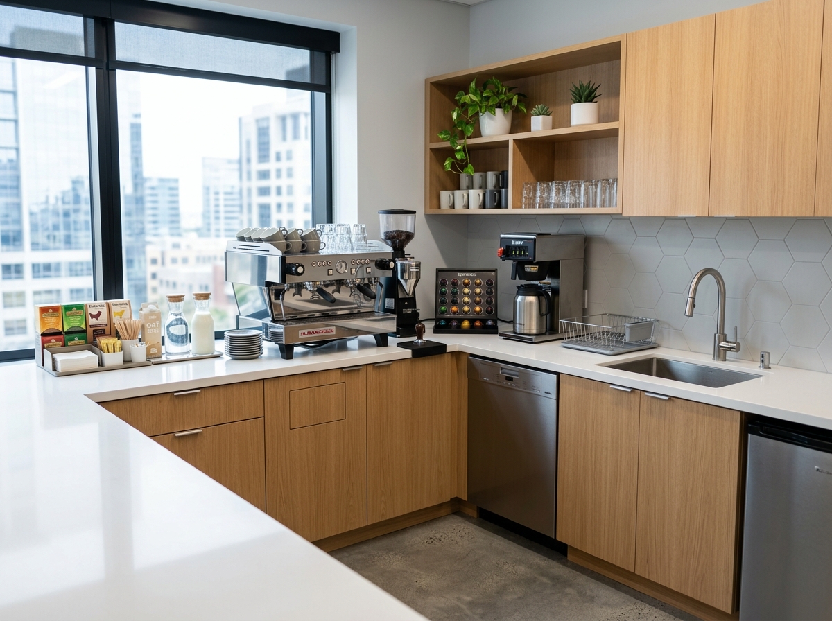 Pristine office amenities and kitchenette area